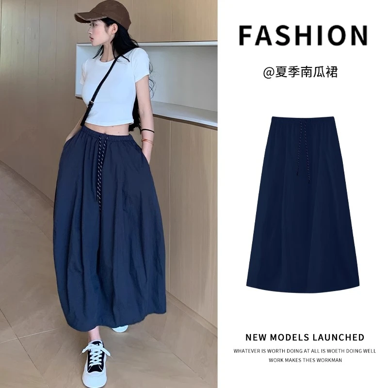日系藏青色工装半身裙女夏2025新款高腰显瘦中长款花苞灯笼南瓜裙