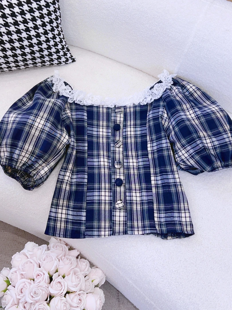琳心丨春夏新款领口蕾丝花边拼接格纹泡泡袖短款衬衣 JMZ6013