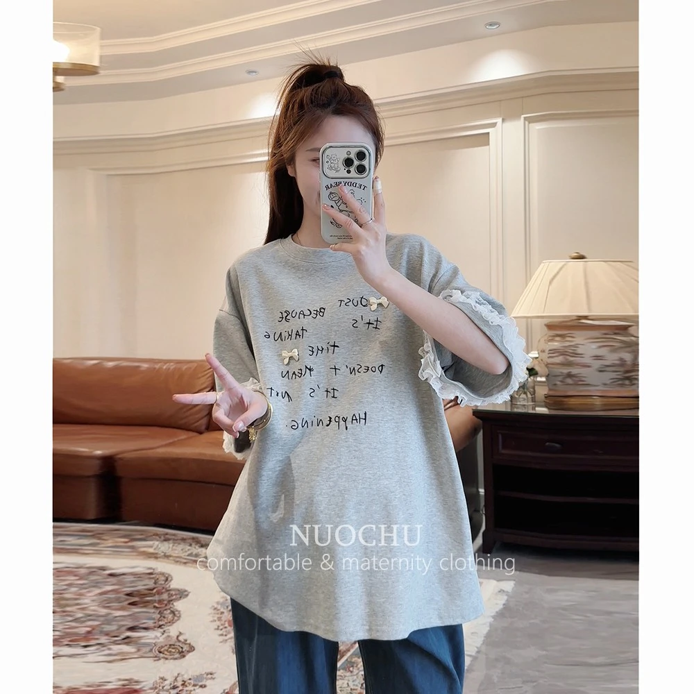 ◆诺初孕妇装◆夏季韩版短袖上衣宽松减齡印花蕾丝拼接中长款T恤