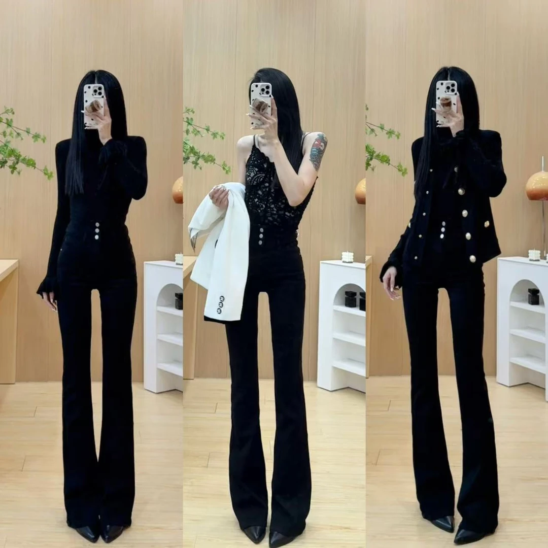 【欣悦高个子】显瘦！显瘦！三粒扣超高腰高弹黑色牛仔微喇裤