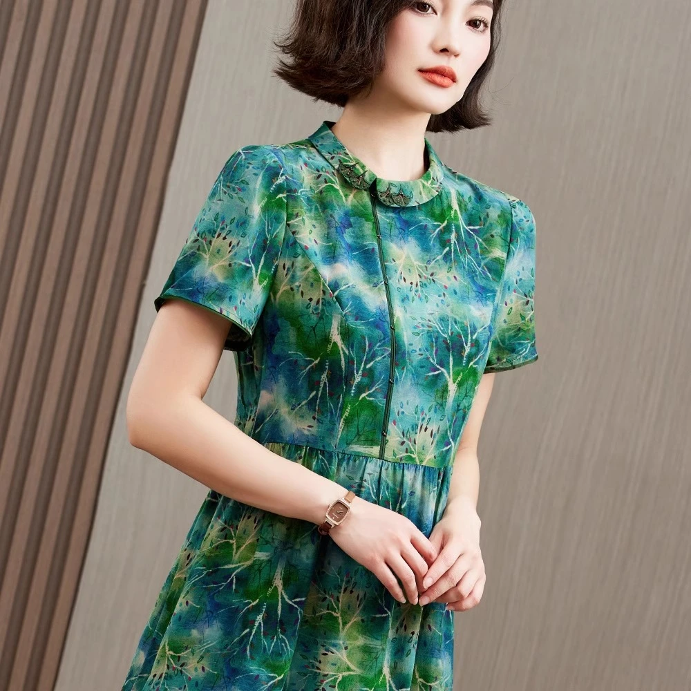 新中式国风真丝连衣裙女短袖2025新款夏季桑蚕丝妈妈裙子高端