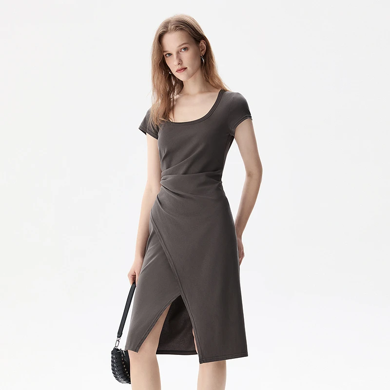 IRO Night 25新款方领棉麻二合一褶皱收腰开叉法式连衣裙