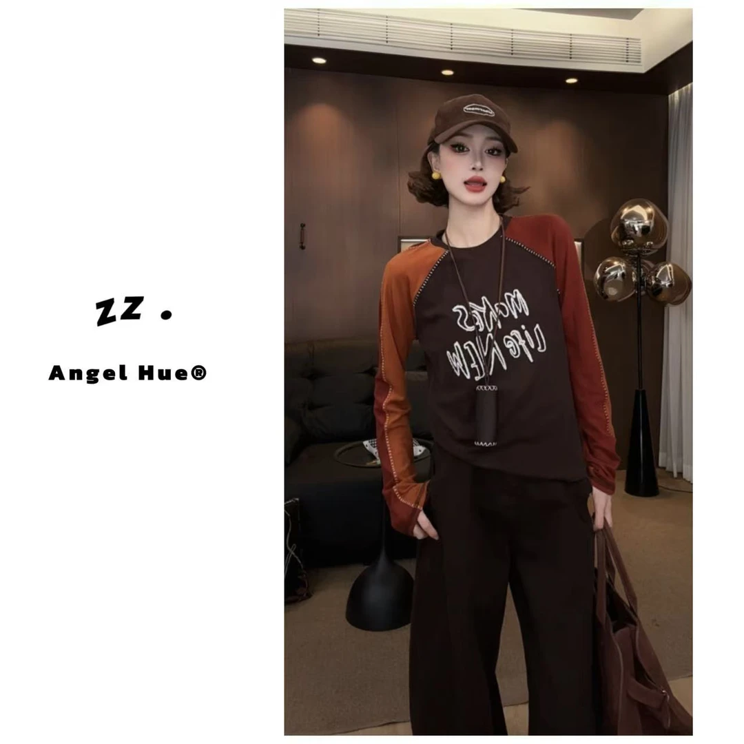 【糖灵】现货撞色拼接刺绣针织衫女设计感打底休闲圆领上衣2060