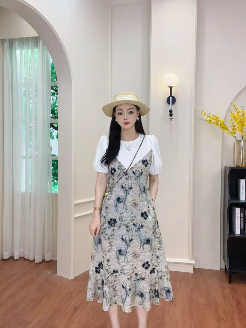 『鹿原千里』有口袋+腰带2025年夏季新款拼接假两件气质连衣裙