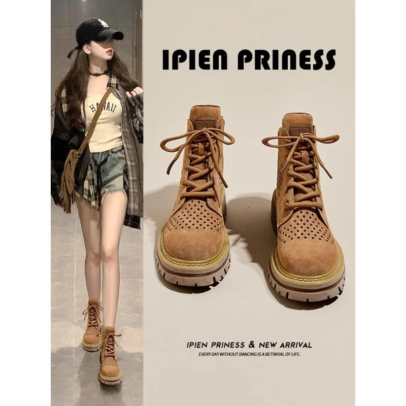 户外镂空马丁靴女2025新款夏季透气超火小短靴真皮棕色西部牛仔靴