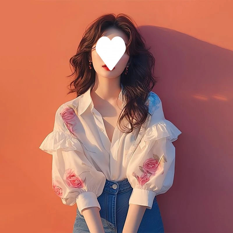 白色玫瑰印花荷叶边泡泡袖衬衫衬衣早秋季女款新款洋气上衣夏