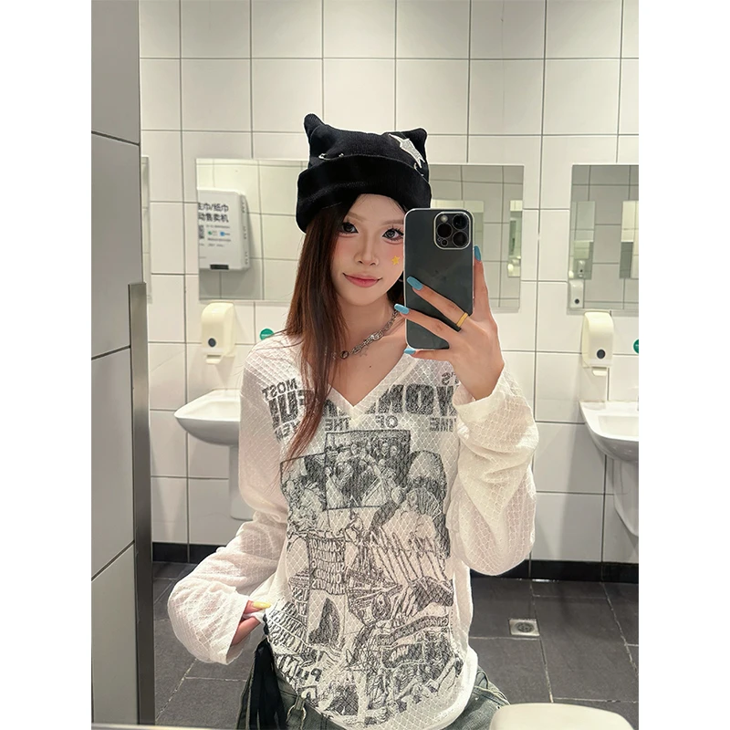 克林菲美式甜酷涂鸦印花v领长袖t恤女辣妹慵懒风绑带修身显瘦上衣