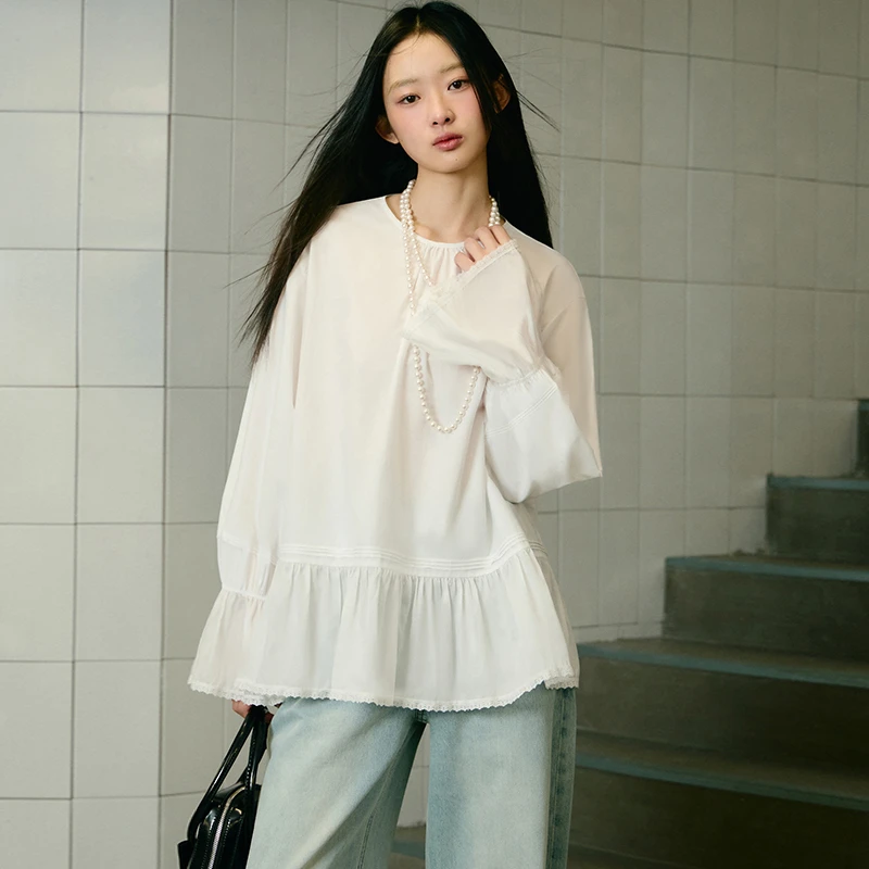 PINPINPLUS丨「白色风絮」薄纱轻盈遮阳罩衫花边袖衬衫PABEA250002G