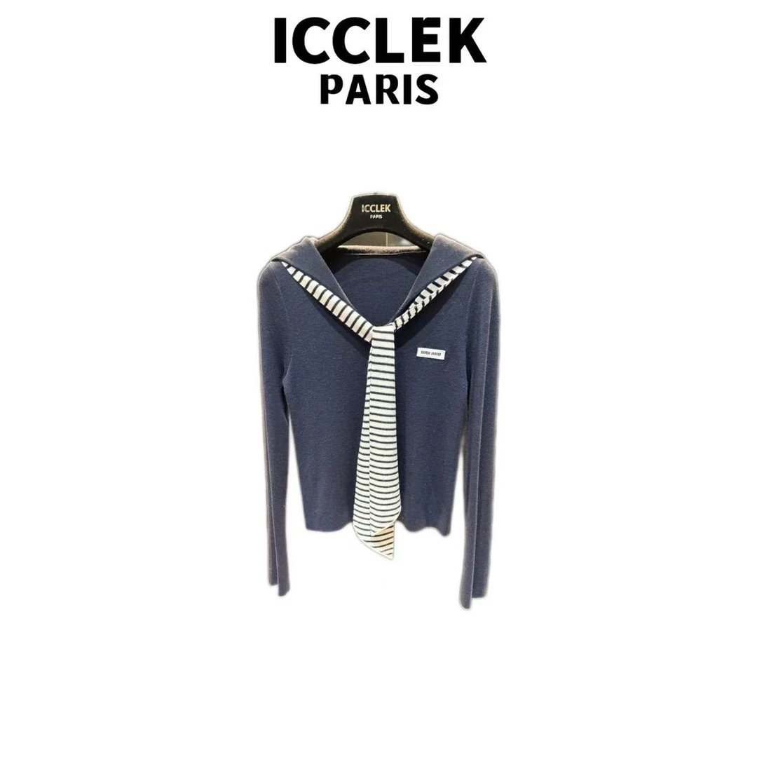 ICCLEK 藏蓝色条纹领结撞色长袖针织开衫 气质 轻奢 名媛 -5983
