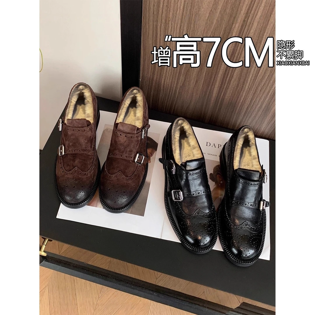 增高7cm复古布洛克雕花一脚蹬加绒皮带扣圆头乐福鞋英伦风皮鞋