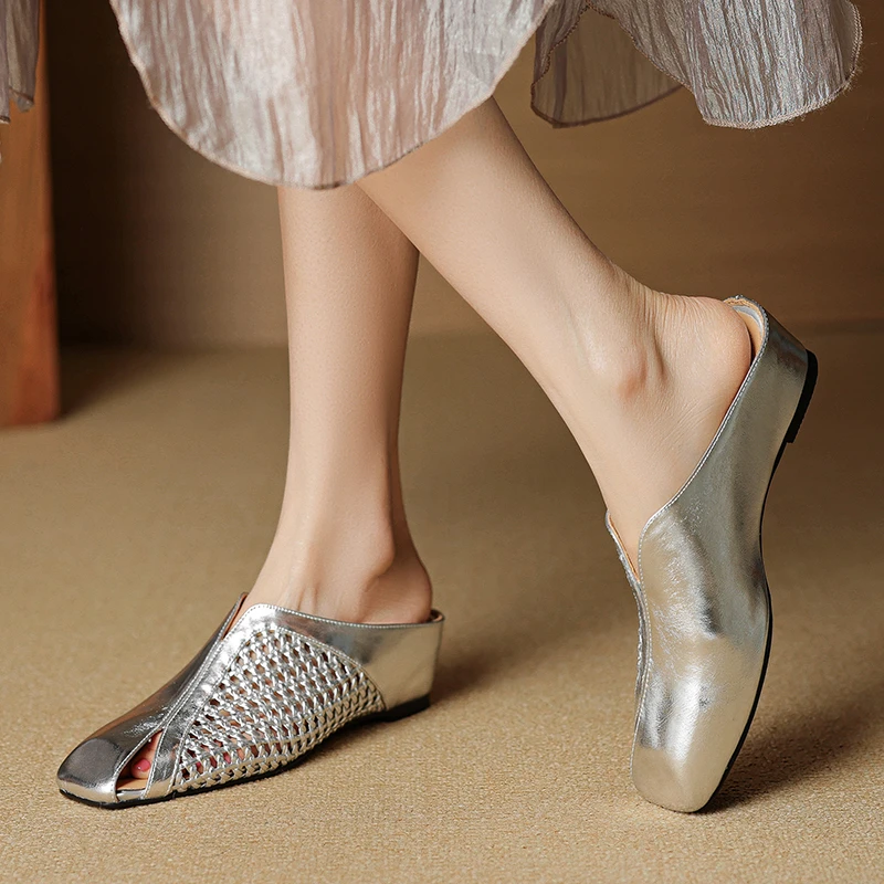 内增高镂空编织包头半拖鞋女2025新款夏真皮方头外穿凉拖中跟坡跟