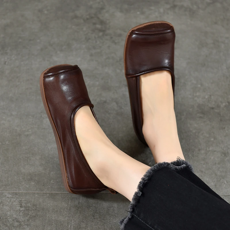 手抓纹羊皮复古小众圆方头软底平底单鞋女2025春款真皮乐福鞋女鞋