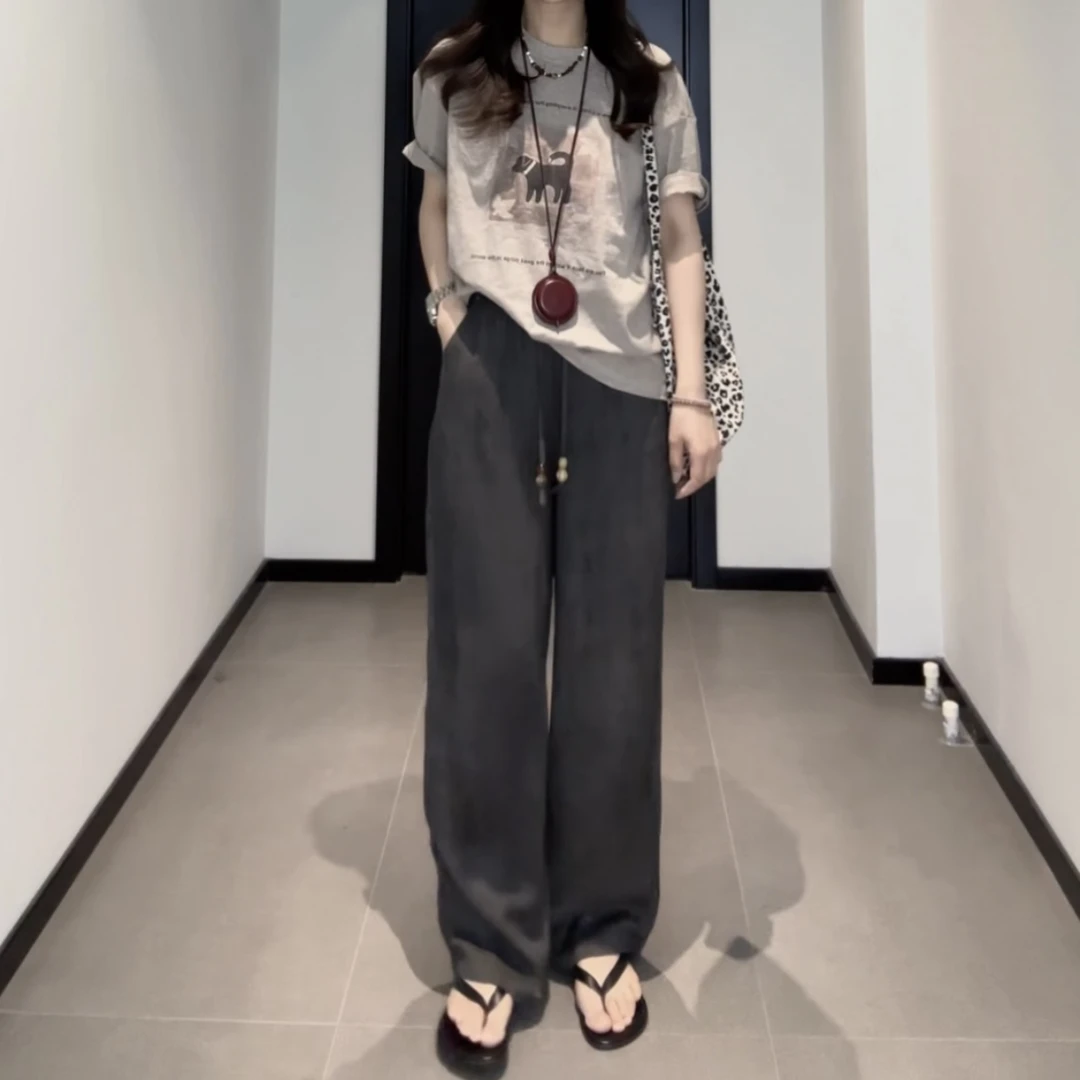 【望月】天丝亚麻薄款透气炒色显瘦镰刀拖地裤百搭松紧腰休闲裤子女