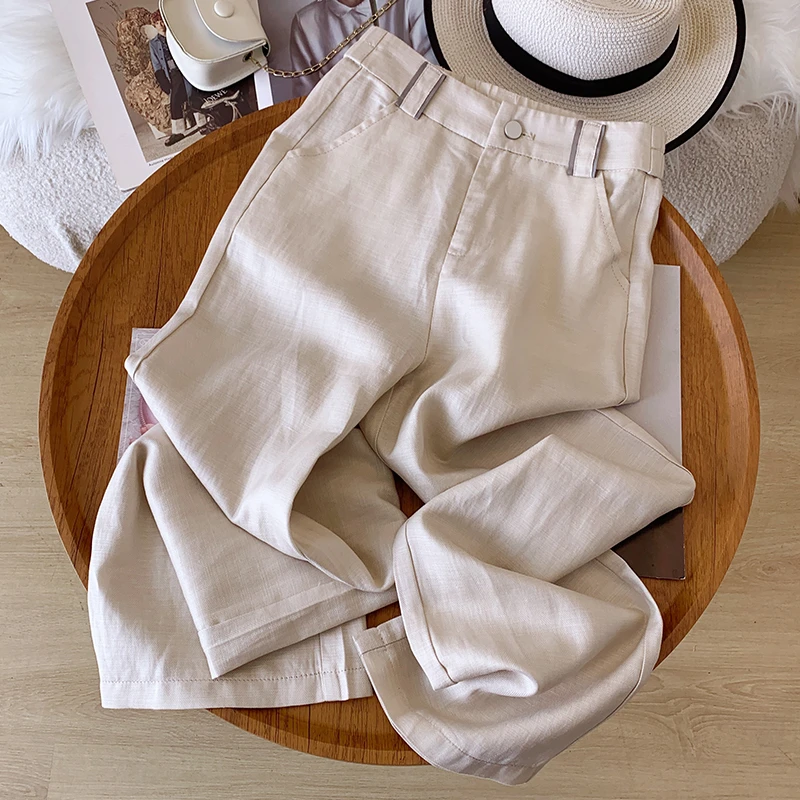 2025人字纹天丝亚麻休闲直筒裤女裤松紧高腰裤子女宽松阔腿裤显瘦