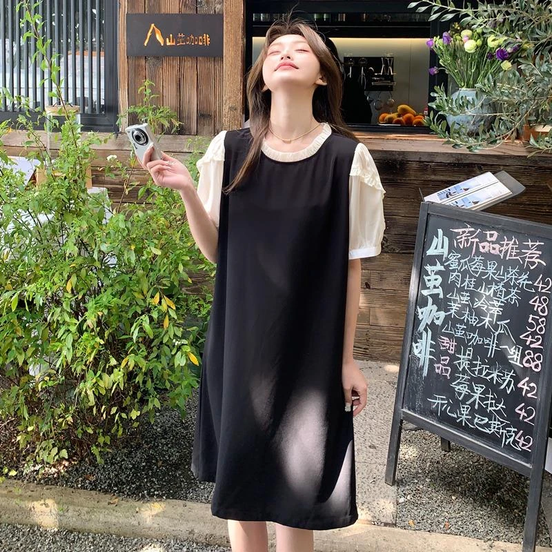 黑色休闲显瘦泡泡袖t恤裙夏季2025新款小个子圆领假两件连衣裙女