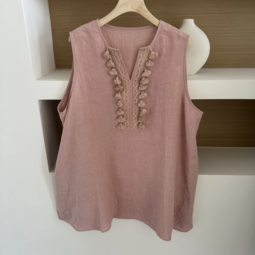 【诗夏】100%亚麻小衫气质时尚休闲粉色中长款无袖衬衫女上衣