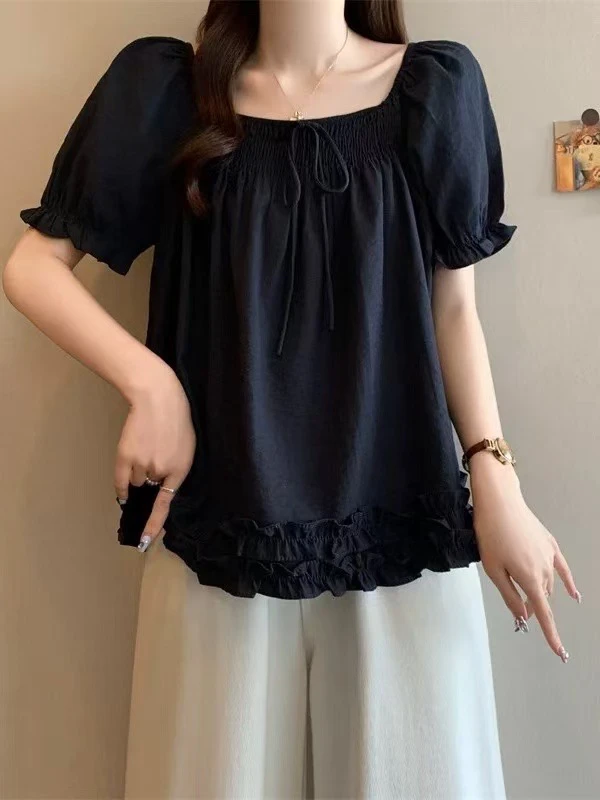 大码胖mm蝴蝶结短袖衬衫遮肉显瘦衬衣女夏季洋气百搭一字领上衣