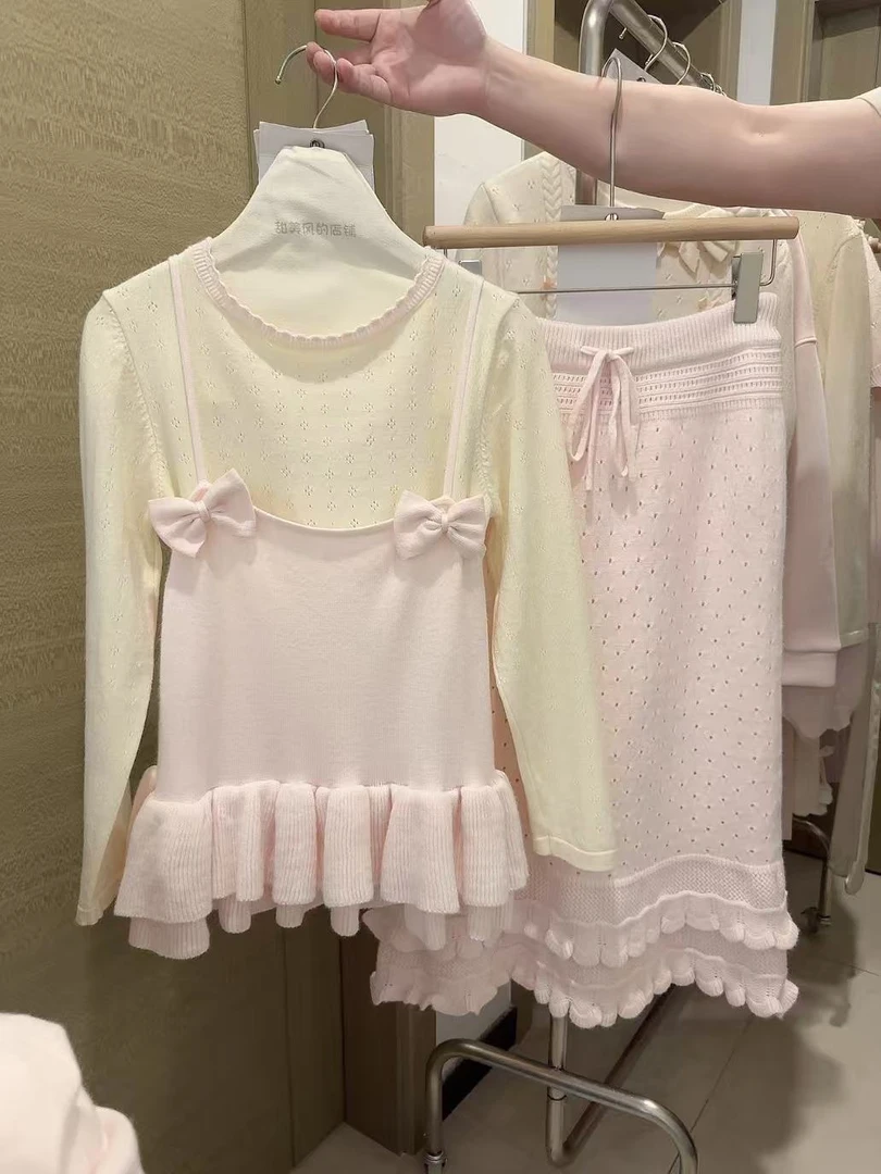 甜美双蝴蝶结针织两件套上衣