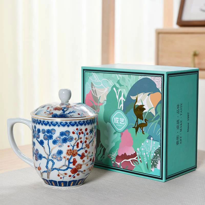 当代 成艺四季发财办公杯陶瓷泡茶杯带盖茶水分离会议礼品杯茶具