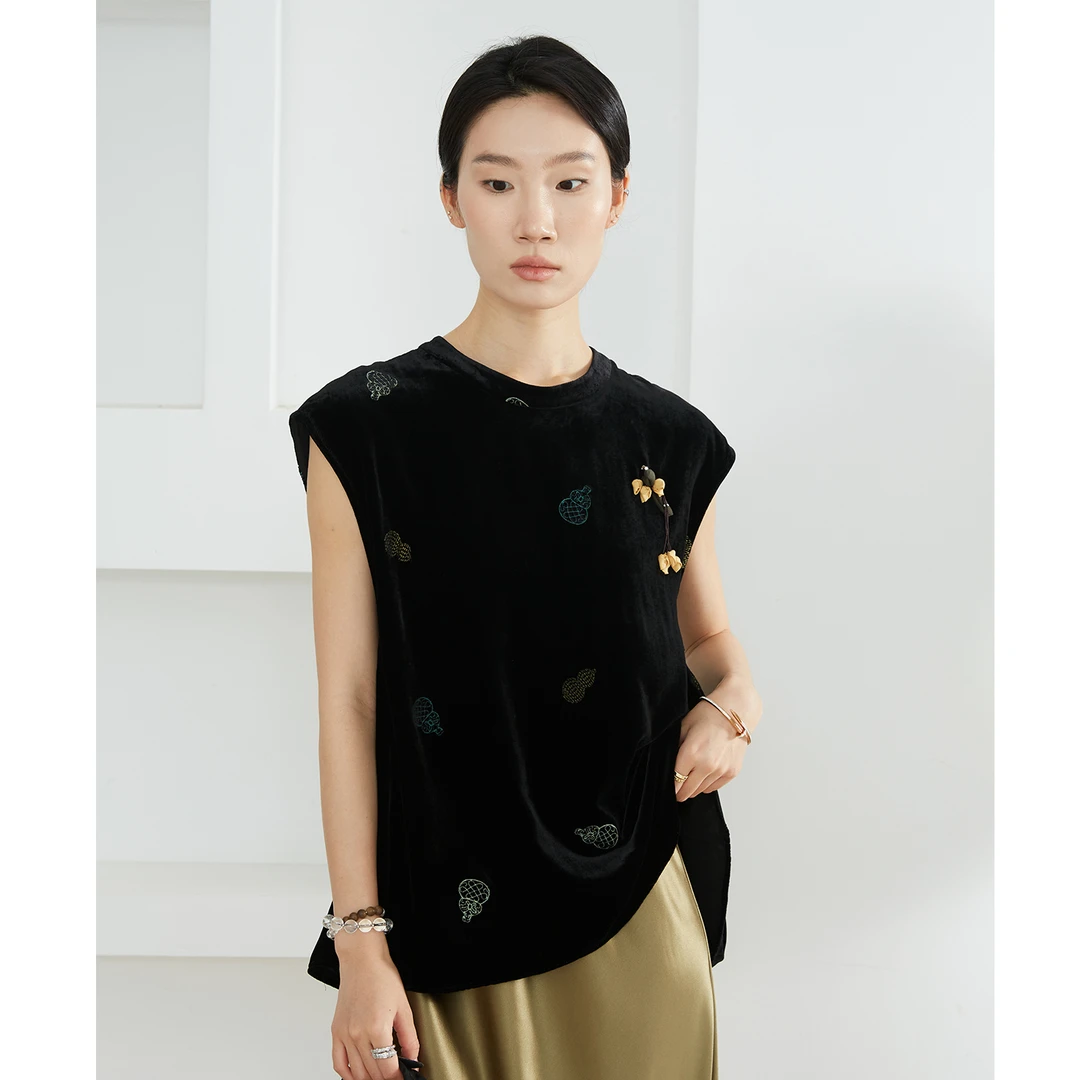 SILVIYE100桑蚕丝真丝圆领丝绒短袖上衣女显瘦小衫国风秋SY52294