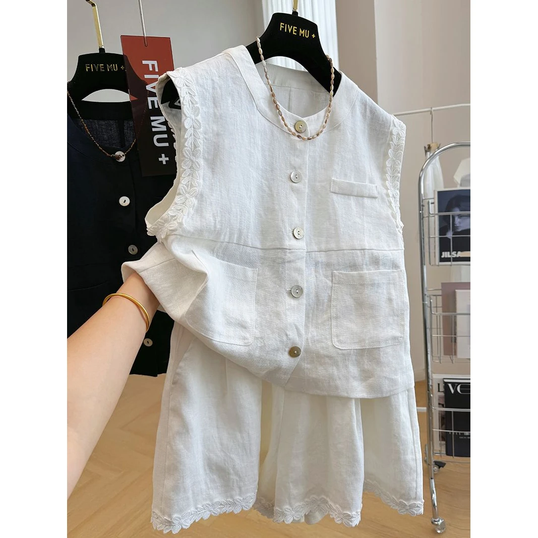 【店铺热销】外贸原单尾货清仓捡漏女夏装新款纯色纯亚麻背心短裤两