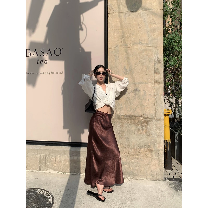 左边女装100%醋酸缎面长裙2025夏季新款纯色A字半身裙