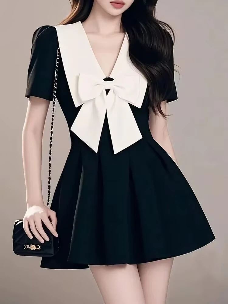 高级感女神法式蝴蝶结小黑裙黑色礼服短款大码短袖连衣裙显瘦气质