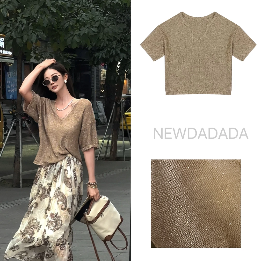 清清利达NEWDADA法式宽松亮丝针织衫短袖夏休闲T恤别致上衣SZ1235