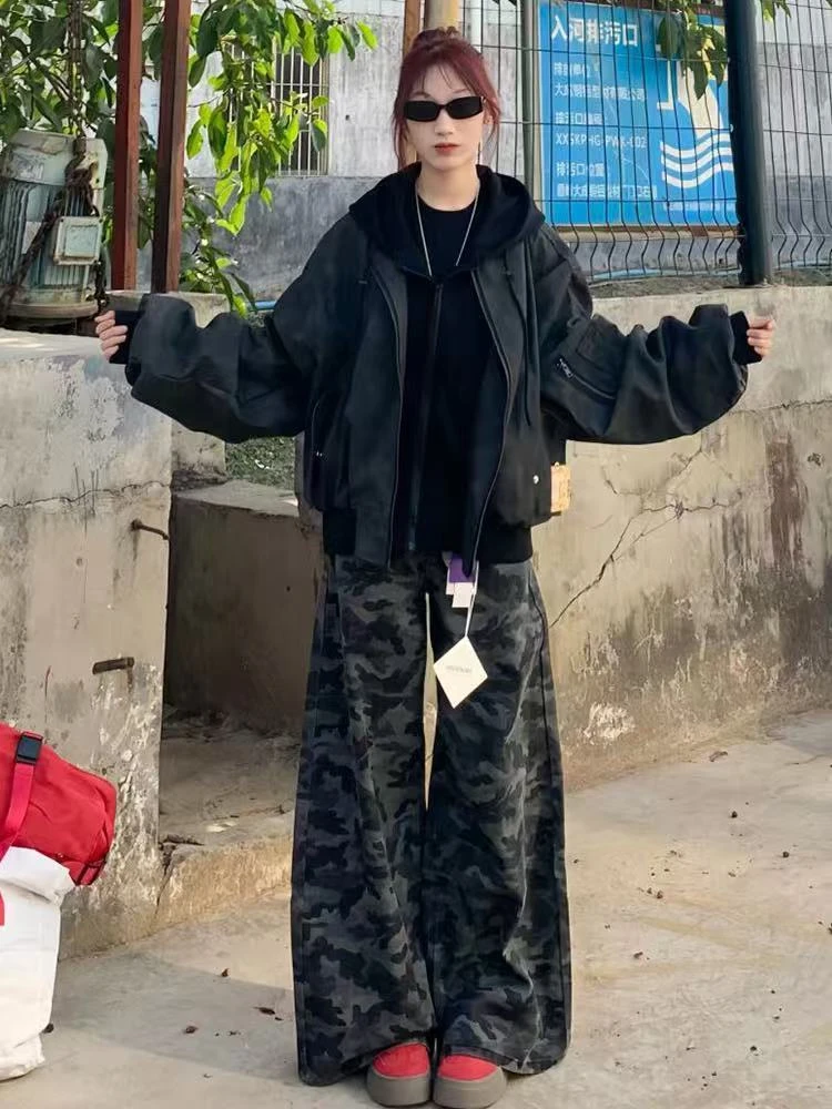 美式复古迷彩牛仔裤女2025春季新款高腰显瘦宽松阔腿裤垂感拖地裤