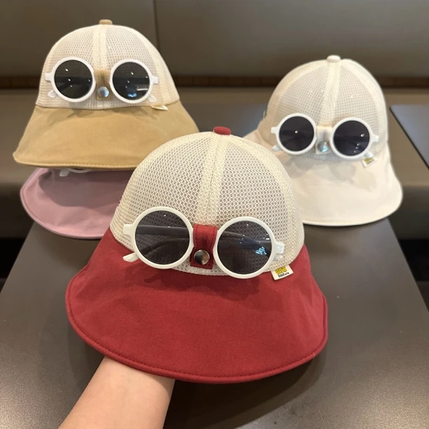 墨镜一体渔夫帽透气网眼太阳帽男女童遮阳防晒大帽檐盆帽儿童夏季