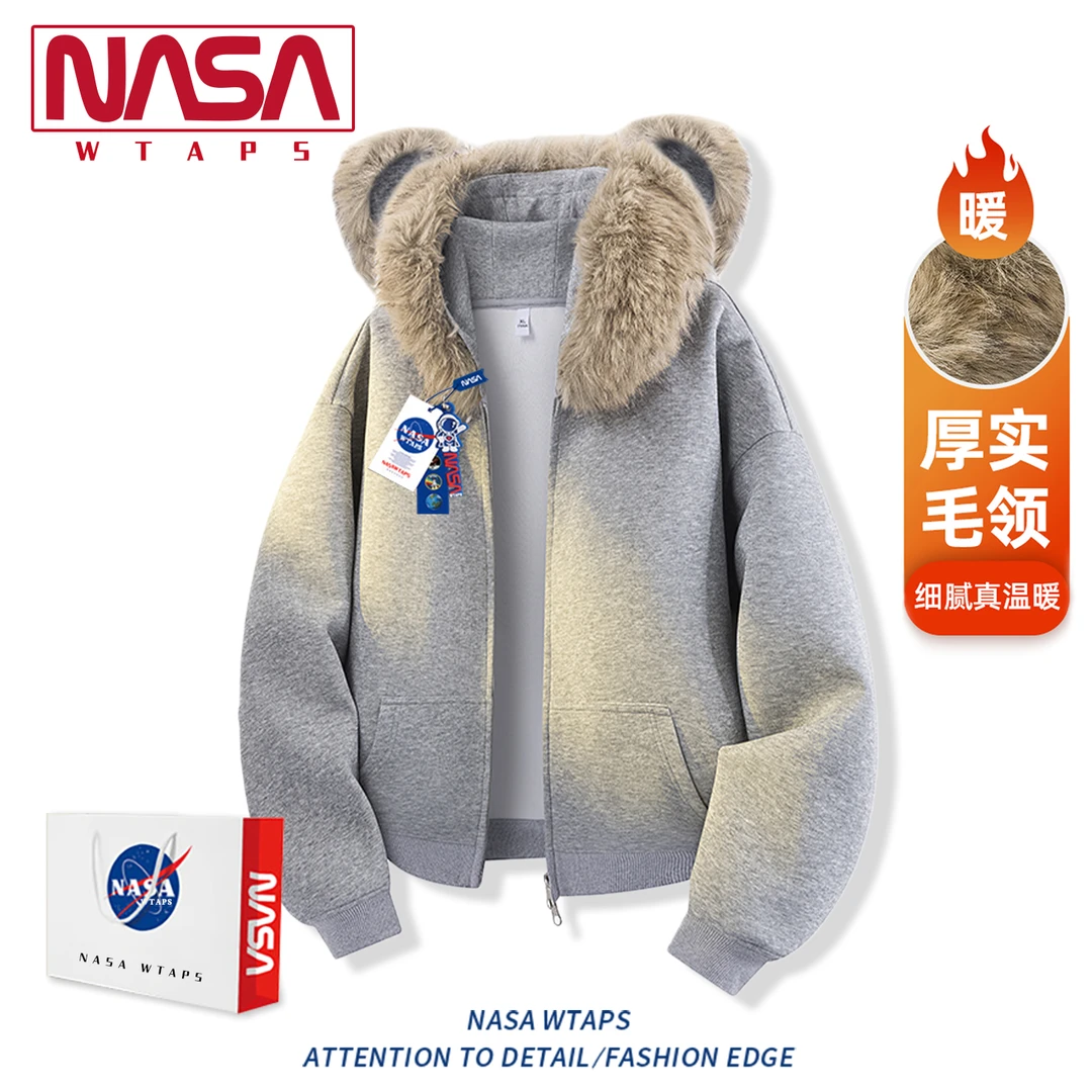 NASA WTAPS小熊耳朵毛领加绒卫衣男女秋冬新款学院风百搭情侣外套