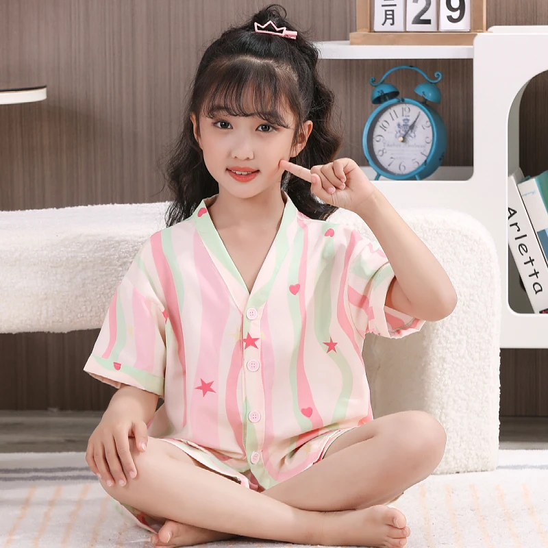 儿童夏季薄款短袖睡衣套装女童女孩子中大童3-16岁卡通休闲家居服
