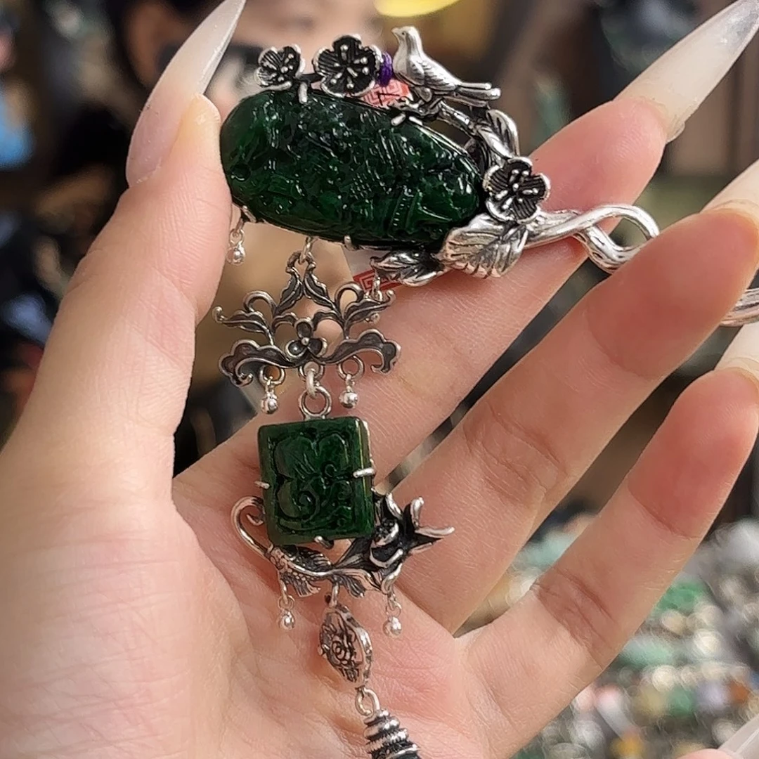 翡翠银S925镀金镶嵌挂件