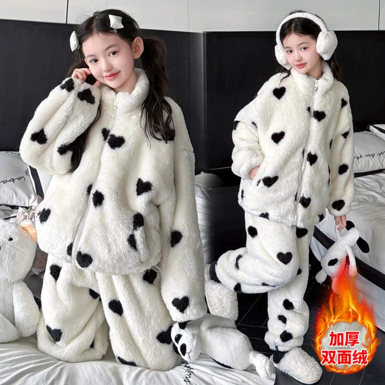 女童睡衣秋冬款大童加绒加厚法兰绒家居服冬季长袖儿童珊瑚绒套装