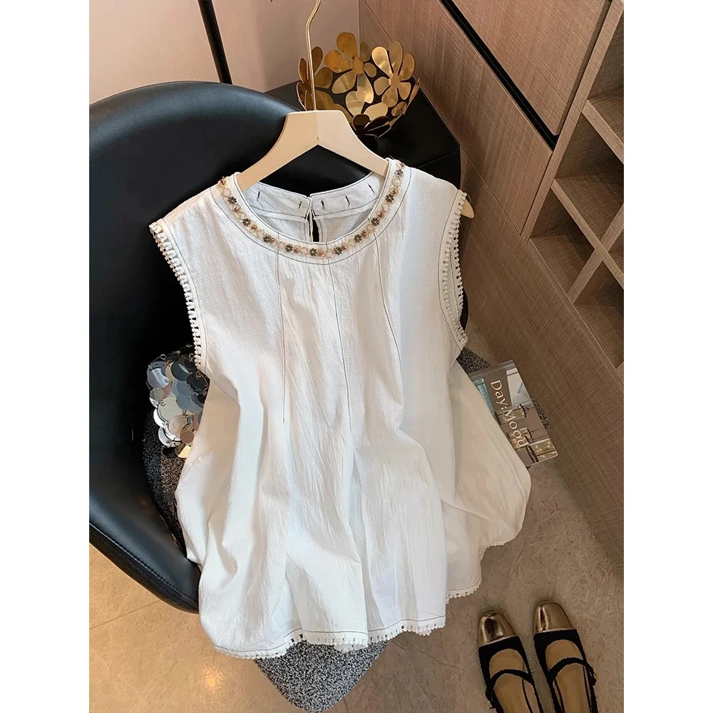 波西米亚风独特钉珠无袖上衣女2025年夏新款百搭显瘦减龄气质背心