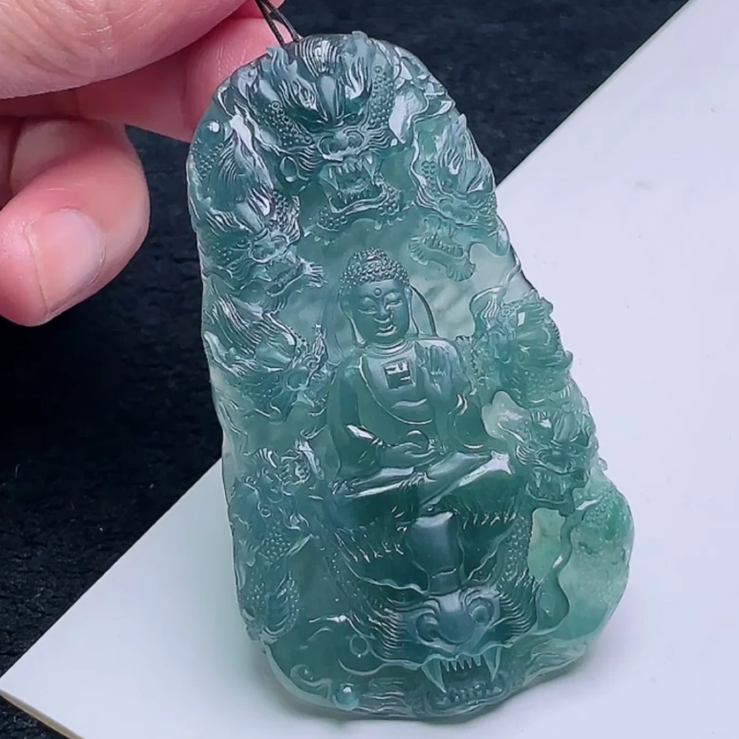 纯天然A货翡翠冰透精雕刻九龙护主阿弥陀佛吊坠挂件78.2-46-9.2mm