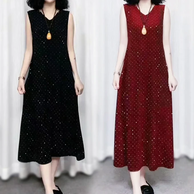 【包包家】9811舒适透气冰丝皱时尚减龄烫钻气质百搭妈妈背心裙