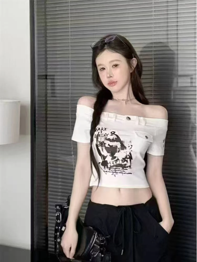 一字领露肩短袖T恤简约显瘦