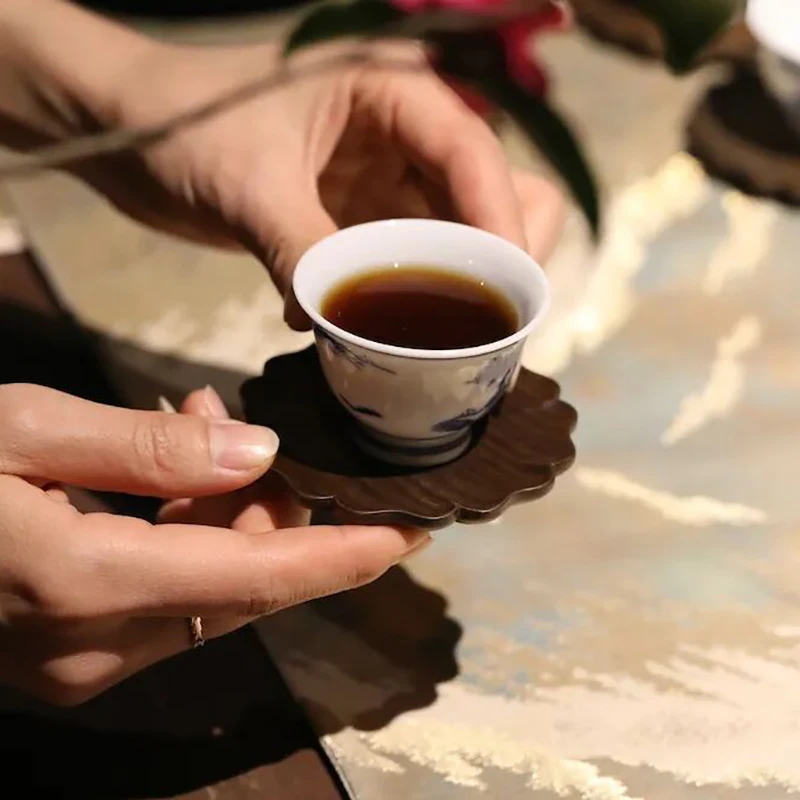 古沉金丝楠木雕葵形杯托杯垫手工雕刻茶道配件防烫待客杯托礼盒装