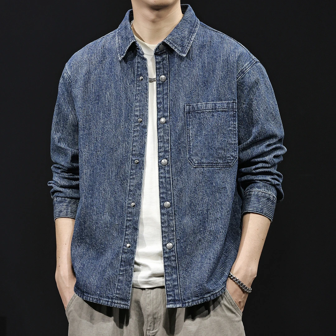 MR.MUDI/穆迪先生秋季条纹提花牛仔衬衫男士外套大码休闲长袖衬衣