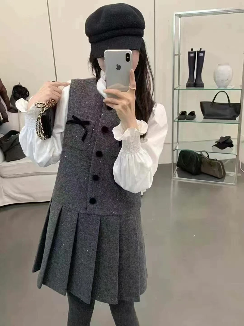 小香风背带连衣裙衬衫两件套女冬季新款2024设计感高端名媛套装裙