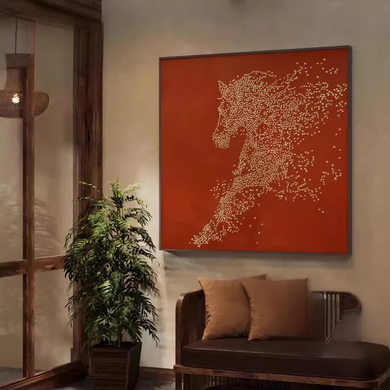 新中式客厅装饰画餐厅玄关背景墙红色抽象骏马挂画高档立体感壁画