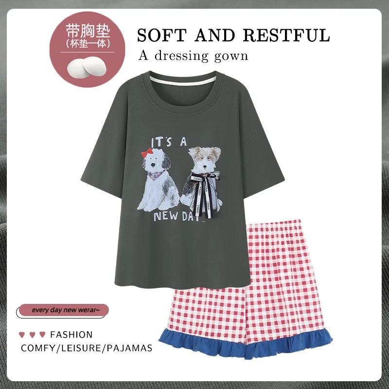 夏季新款可爱卡通狗狗女短袖短裤睡衣带胸垫防凸点套装家居服休闲