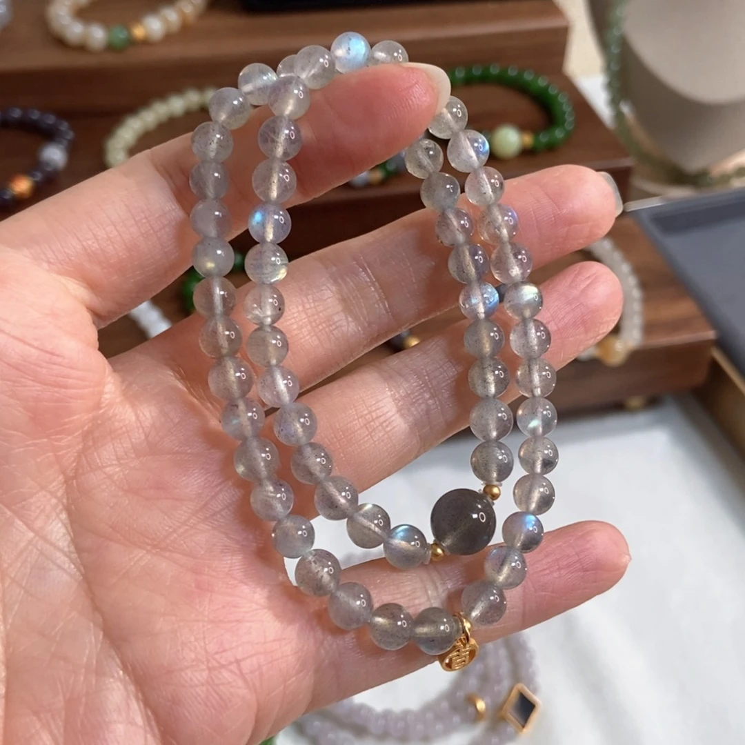 长石手链银S925镶嵌福利6mm月光石双圈