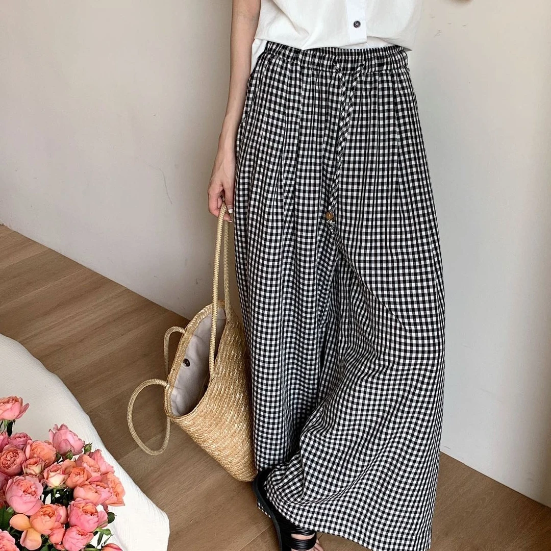 MISS RUILI  定制  2025夏季抽绳百搭显瘦格子阔腿长裤F0684