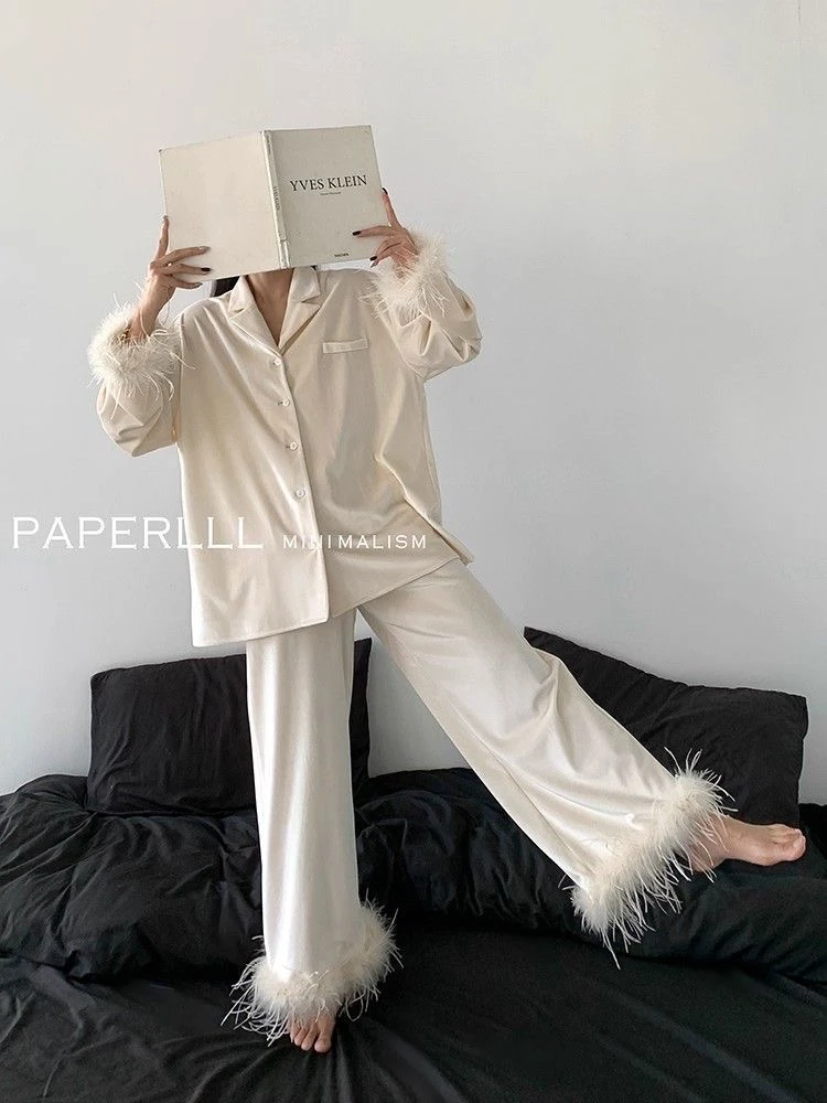 设计感羽毛海岛绒睡衣女秋冬纯色轻奢长袖长裤套装保暖加厚家居服