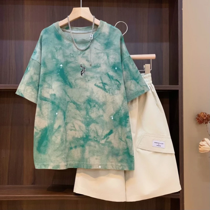 【年中清货】短袖T恤时尚中大童男童韩版扎染短T恤男女童套装YG5797