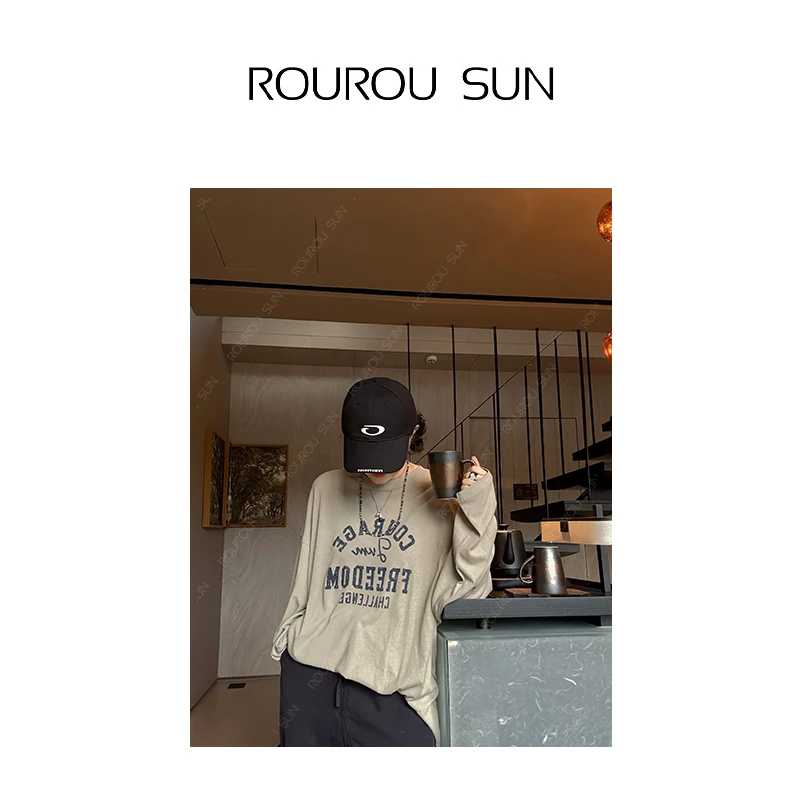 25583字母印花T恤女休闲宽松防晒圆领打底长袖上衣女