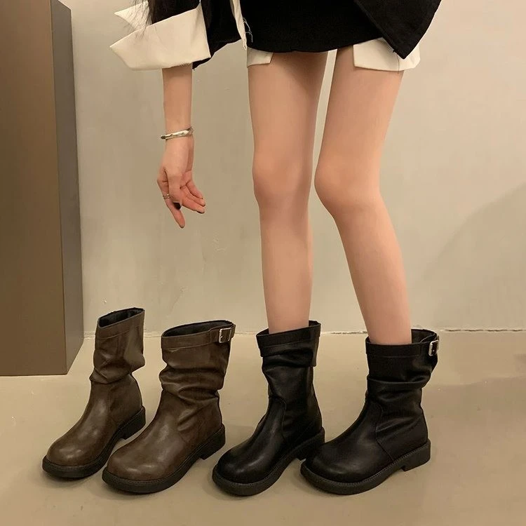棕色粗跟复古褶皱堆堆靴英伦风短靴女2025春秋新款圆头靴子中筒靴