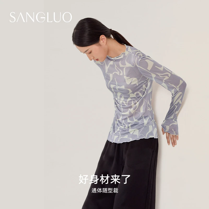 【打底上衣】桑罗单面真丝针织打底上衣女紫底印花百搭舒适03261520